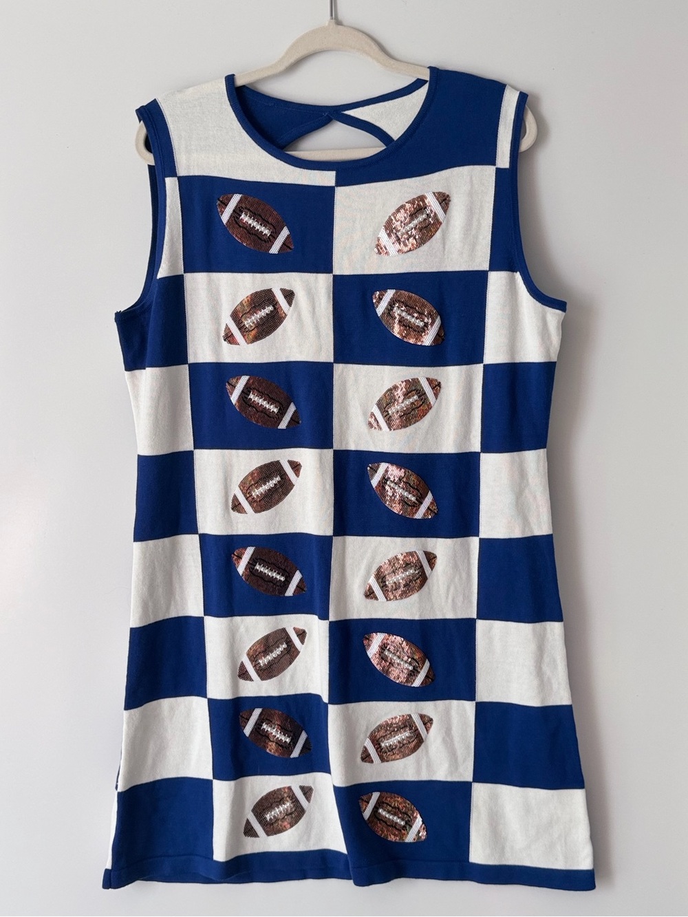 QUEEN OF SPARKLES Blue and White Checkerboard Knit Top